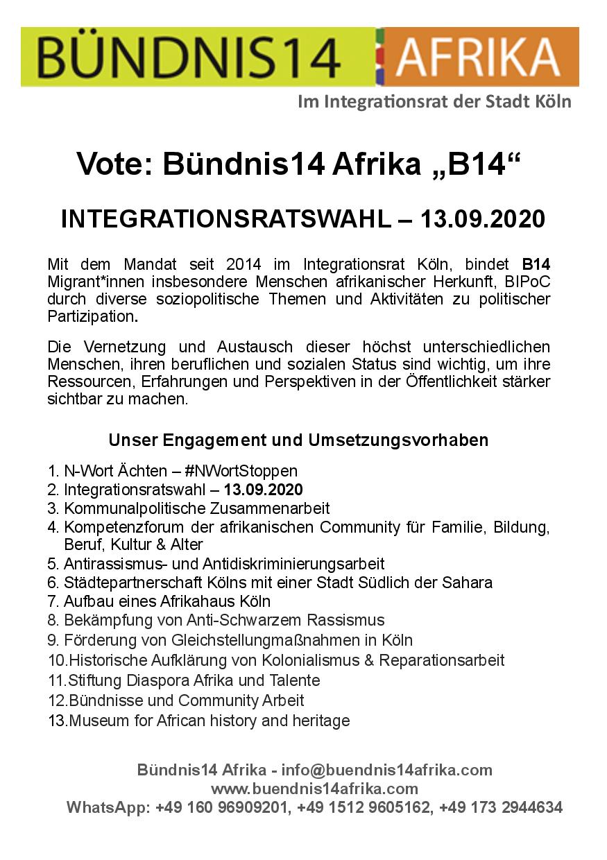 Vote: Bündnis14 Afrika „B14“ - INTEGRATIONSRATSWAHL – 13.09.2020